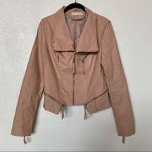 Caren Forbes Rosy Tan Vegan Leather Moto Jacket Size Large