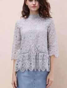 Chic  women's size crochet grey blouse, scalloped edges