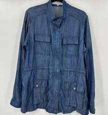 Foxcroft Blue Chambray Denim Full Zip Snap Button‎ 4-Pocket Jacket Size Large