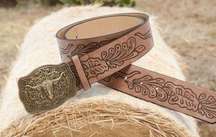 Western Bull Head Buckle Plus Size Belt Vintage Style Faux Leather Embossed 1XL