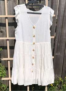 Tiered White Button Front Dress L