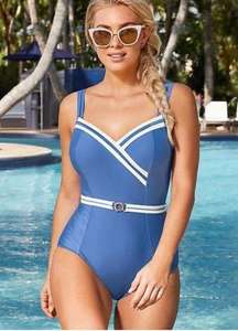 Panache Portofino Underwire One-Piece Swimsuit Denim Blue Ivory Size US 34E