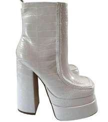 EGO SQUARE TOE PLATFORM BLOCK HEEL ANKLE BOOT IN CREAM CROC PRINT FAUX LEATHER