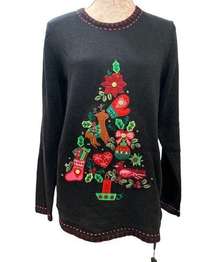 New Quacker Factory Christmas Tree Beaded Lights Up Sweater Embroidered Small