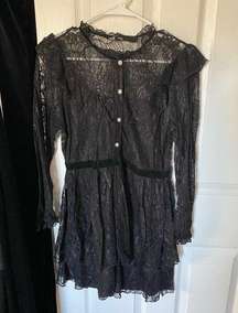 Mini Black Lace Long Sleeved Dress with Velvet Waist and Wrist Detailing