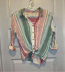 Harper Multicolor Striped 3/4 Roll Tab Sleeve Button Up Tie Knot Blouse XS