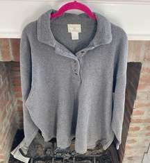 Womens Petite Large Vintage Quarter Button Grey Ribbed Pullover Grunge Vibes