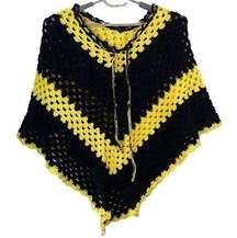 Hand Crochet Black & Yellow Poncho Boho One Size