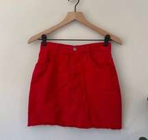 John Galt Brandy Melville Red Denim Jean Mini Skirt Raw Frayed Hem Button Fly S