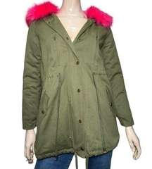 Vera & Lucy Women’s Size S Green Pink Faux Shearling Lining & Hood Parka Jacket