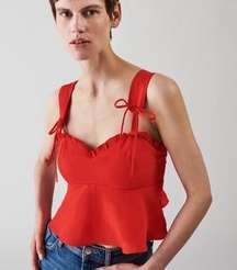 Zara Peplum STRAPPY LiNEN CROP TOP W/ BOWS RED SIZE XS NEW