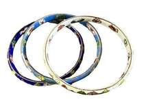 3 Vintage Blue Multicolor Cloisonné Enamel Floral Design Bangle Bracelets‎ EUC