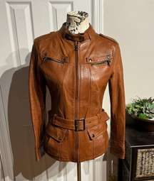 Lory  ITALIAN BEAUTIFUL GENUINE LEATHER  BELTED JACKET , MADE WITH SOFT LAMBSKIN ! COLOR : BROWN DISTRESSED motorcycle Sz 42 Cognac Solofra Italy