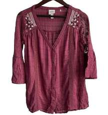 KNOX ROSE Size XS Boho Shirt Floral Lace Bell Sleeve Blouse