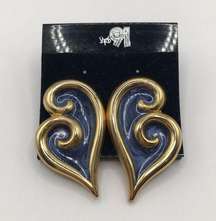 Vintage Blue Enamel Swirl Gold Tone Abstract Heart Earrings