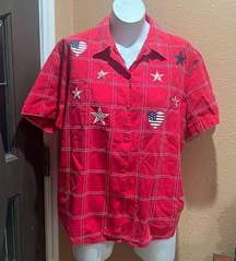 Lemon grass red plaid button up shirt short sleeve