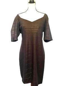 BISOU BISOU Gold Shimmer Midi Bodycon Dress Size 14 Brown Sweetheart Neck