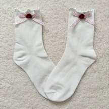 Coquette White Ruffle Socks with Pink Gingham Bows & Red Rosebuds