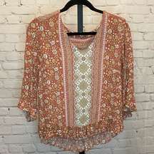 Rose & Thyme Orange Printed Blouse Peplum Hem Size Large Boho