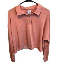 Belle Du Jour Cropped Quarter Button Collar Peach Long Sleeve Fleece Lined Top M