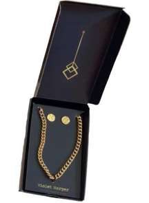 Violet Harper NIB Elana Link Gold Plated Necklace + Hammered Earring Set
