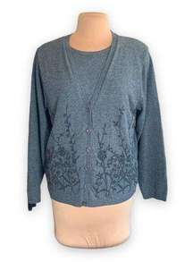 Vintage Alfred Dunner Cardigan Sweater Two In One Layered Gray Floral Appliqué