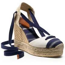 Coach Fern Navy/Tan/Chalk Ankle Wrap Espadrille Platform Wedges Size 7