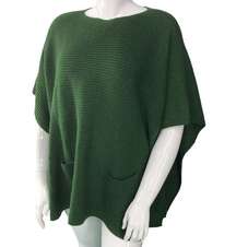 J Jill Womens One Size Poncho Sweater Green Front Pockets Tunic Length Rib Knit