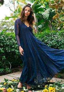 We Are HAH Mama C Maxi Boho Lace Slip Dress Navy Size Small NWT