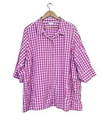 Joan Rivers Pink Gingham Plaid Boyfriend 3/4 Sleeve Button Down Shirts Size 3X