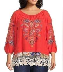 John Mark Mixed Print Embroidered Scoop Neck 3/4 Raglan Sleeve Ruffle Lace Tunic