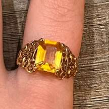 Jacmel Mauritius 10K Yellow Gold Size 8 Emerald Cut Citrine Ring with Filigree