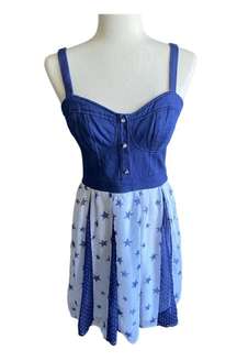 COLLECTION Adorable blue and white dress, bustier top with smocked back, lightweight and flowy whate skirt with stars, skirt is fully lined, side zipper, excellent condition, size medium  Measurements: Bust: armpit to armpit 17 inches  Waist: side to side 14 inches  Length: shoulder seam to bottom 35 inches