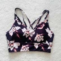 Purple and White Floral Strappy Sports Bra with Back Cutout