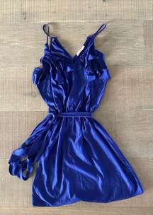 rebecca taylor blue satin ruffle belted mini dress