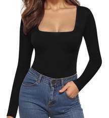 MangoPop Long Sleeve Black Square Neck Bodysuit Size Large