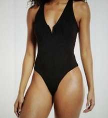 Naked Wardrobe Black Bodysuit V Neck Sleeveless Stretch Knit Thong Bottom Size M