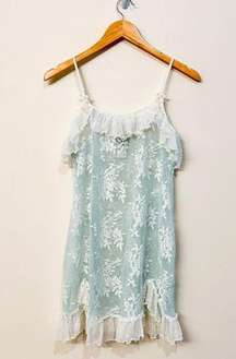 In Bloom by Jonquil White and Teal Sheer Floral Lace Babydoll Chemise size Large