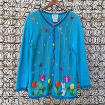 Quacker Factory blue cardigan spring flowers embroidered embellished MEDIUM