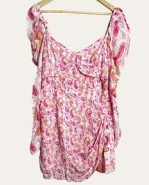 Rococo Sand Pink White Paisley Print Long Puff Sleeve Mini Dress Size M