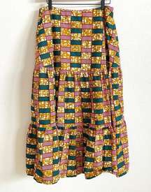 The OULA Company Vibrant Abstract Tiered Cotton Midi Skirt Women's Large