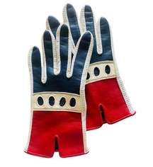 VTG Driving Gloves Women O/S White Stretch Nylon Spandex Leather Mesh Red Blue