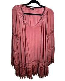 POL Long Sleeve Lace Fringe Boho Bohemian Dress in Size Large Short Tunic Style