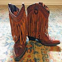 DINGO Brown Leather Cassidy Cowboy Western Fringed Braided Wood Beads Boots 8