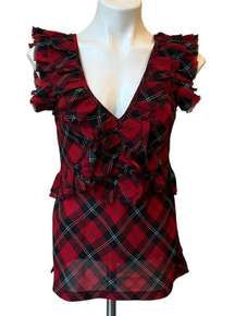 Denim & Supply Ralph Lauren Red Tartan Plaid Ruffle Top Blouse Sleeveless, Sz M