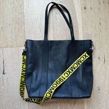 Steve Madden Black Yellow Strap Leather Book Work Large Travel Tote