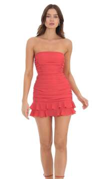 Crepe Ruched Bodycon Dress in Red Coral