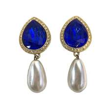 Vintage Blue Sapphire Gem with Hanging Faux Pearl, Rhinestone Clip-On Earrings