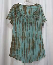 T Party sz S women’s fringe neck tie dyed scoop bottom cap sleeve T-shirt