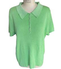 Vintage Quacker Factory Neon Green & Silver Ribbed Polo Shirt Oversized Relaxed